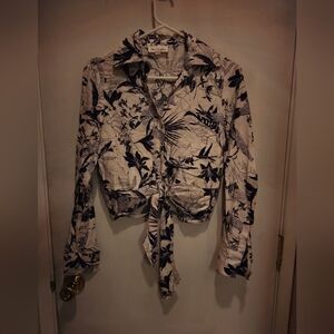 Panama Jack Navy and Ivory Floral Tie-Front Button Down